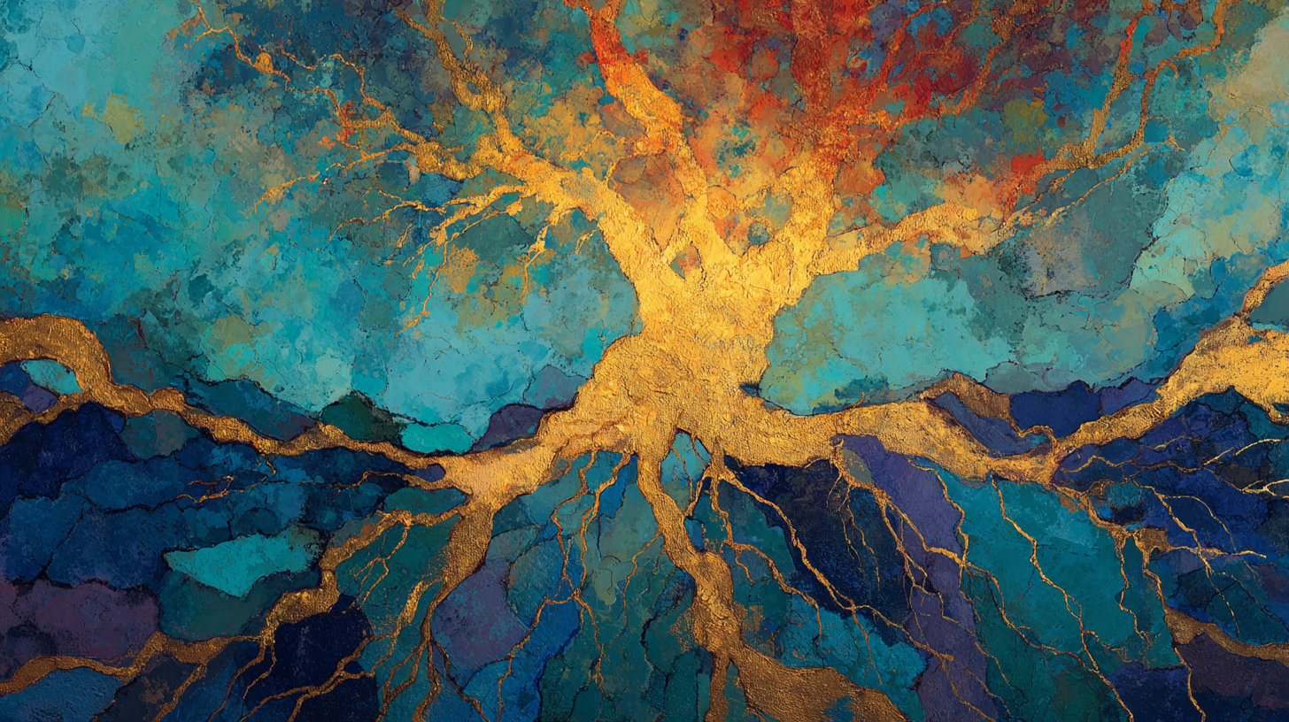 Golden tree of life with luminous roots spreading across teal and indigo earth