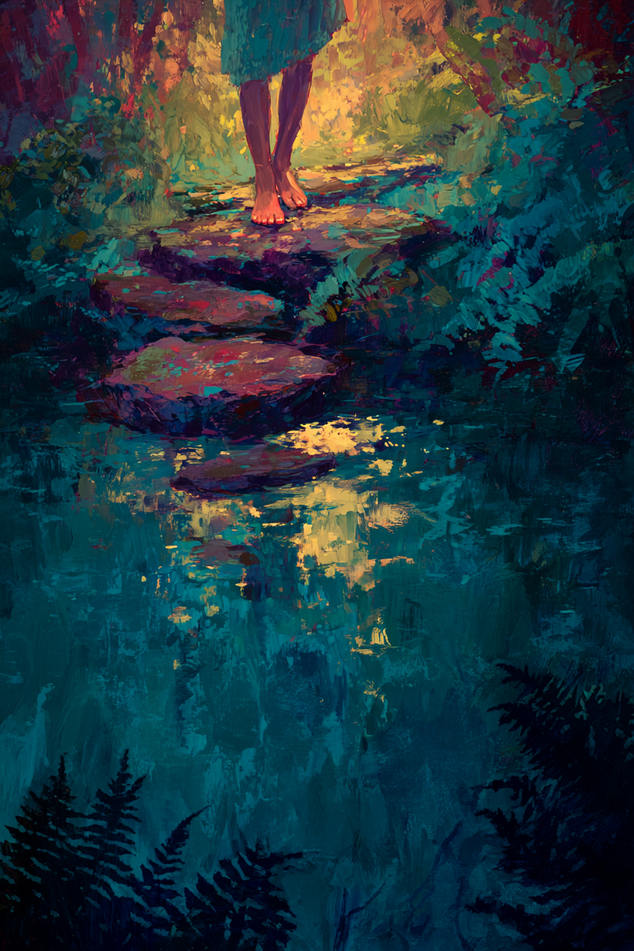 Bare feet on stepping stones above water with golden reflection